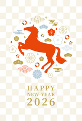 2026年 午年　馬と梅と和柄　おしゃれな年賀状 縦