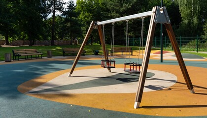 A modern playground with two swings on a colorful rubberized surface in a sunny park setting with trees and benches in the background.