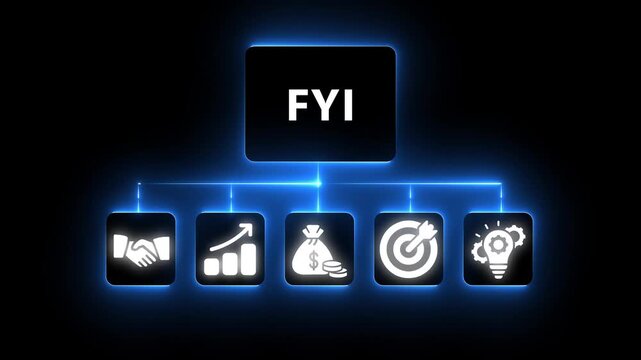 Business concept diagram with FYI acronym and icons for handshake graph money target and lightbulb