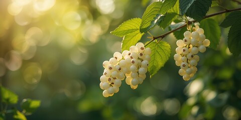 Cluster of white currants developing on a single stem with vibrant greenery in the background, ideal for nature themes