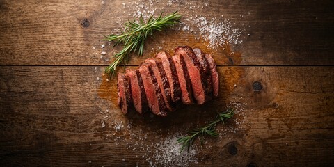 Marbled beef steak slices arranged on a rustic wood surface, highlighting meat texture and cooking method
