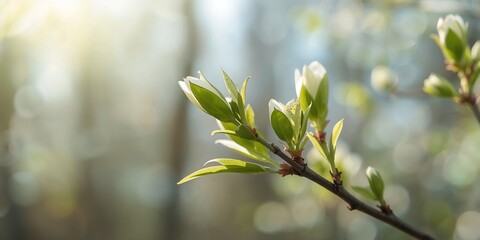 Fresh spring buds on a tree branch in spring, highlighting seasonal development and vitality