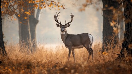 Autumn scene with a deer in a field, highlighting wildlife adaptation during seasonal transition