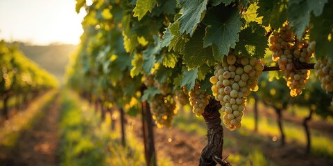Obraz premium Ripe grapes in an organic vineyard during harvest, seasonal change
