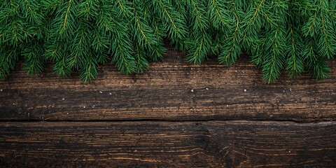 Freshly cut cedar and fir branches arranged on a dark wooden surface, used as a natural holiday background for seasonal decor