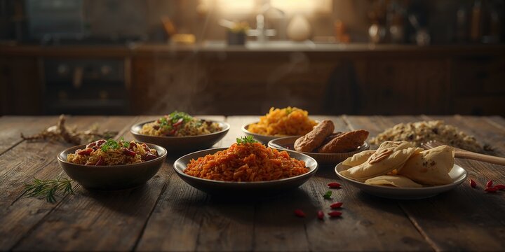 Assorted East Uzbek dishes including salad, chuchvara pilaf, manti, and samsa arranged as a meal set, suitable for festive occasions