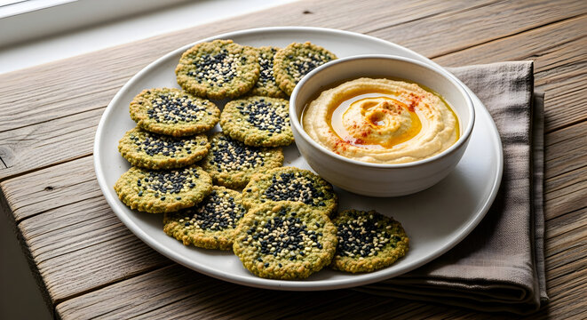 Plate of sesame seed crackers with hummus dip on a wooden table