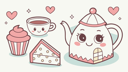 Cute Kawaii Teapot House and Sweet Treats Illustration for Children's Tea Party Invitations Bakery Marketing and Web Design