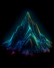 Futuristic Neon Mountain Landscape: Glowing Digital Peaks with Vibrant Blue, Yellow, and Purple Lines
