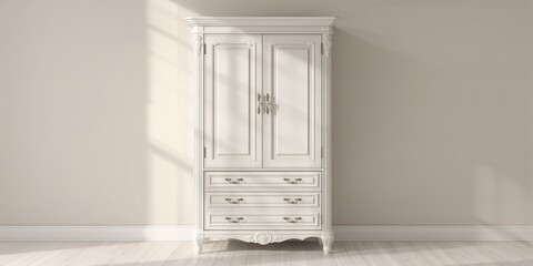 White drawer closet with organized storage used as a background for text and layout design
