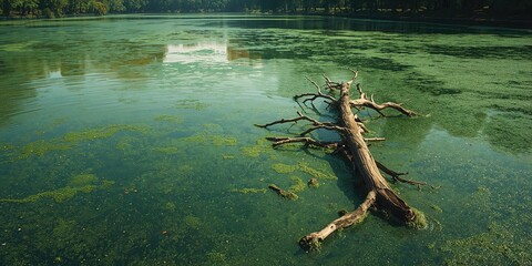 Decayed tree floating in contaminated green water, highlighting pollution effects