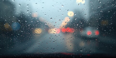 Rain droplets on a car window at a traffic light, suitable for weather alert background, selective focus