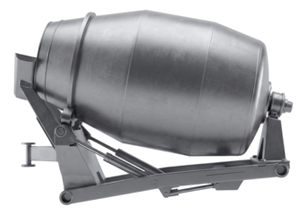 Hydraulic lift concrete mixing drum for road construction use.