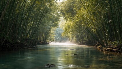 Obraz premium Bamboo trees alongside a river in a lush tropical forest, highlighting erosion concerns, Earth Day