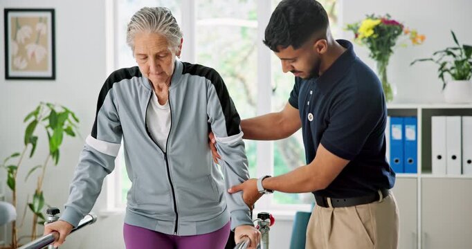 Physio, wheelchair and old woman on parallel bars for walking support, gait training or healing. Help, professional or senior person with disability in physical therapy for balance or muscle recovery