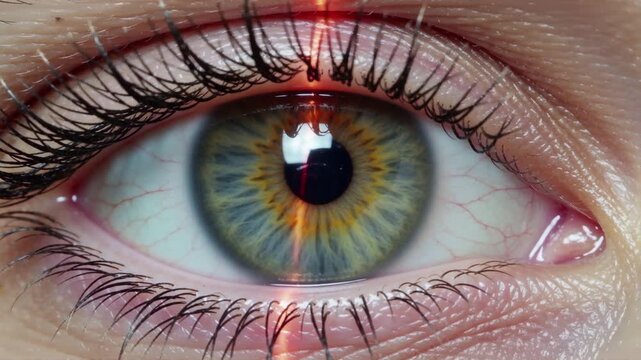 Close-up of a person's eye. The eye is a bright blue-green color with a red iris in the center. The iris is surrounded by a black pupil and the pupil is a darker shade of blue