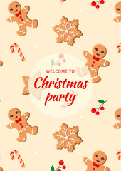 Seamless pattern with Christmas gingerbread decorated man, gift, christmas tree. 