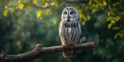 Great grey owl resting on a branch in a forest setting, highlighting wildlife conservation efforts