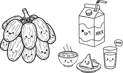 Cute black and white doodle illustration of Ramadan food such as dates, milk, and samosa with kawaii faces. Fun hand-drawn style for festive design and greeting projects.
