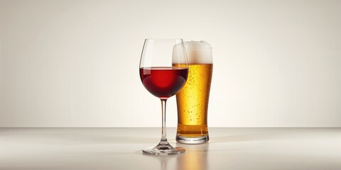 A pair of glasses containing red wine and light beer set on a surface, illustrating different alcohol choices