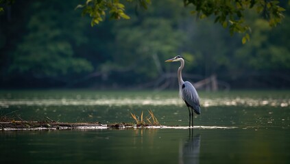 Fototapeta premium Great Blue Heron perched near water, focusing on bird behavior and aquatic ecosystem, World Bird Day