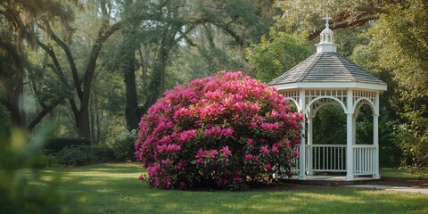 Obraz premium White gazebo adjacent to vibrant azalea blooms in a peaceful garden scene at Cypress Gardens, South Carolina, suitable for relaxation