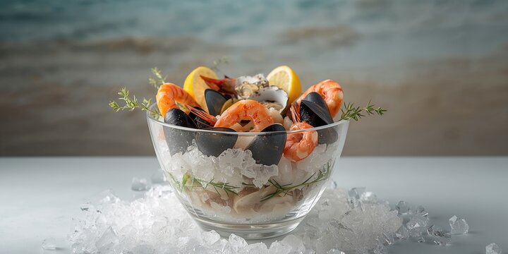 Seafood assortment featuring mussels, oysters, clams, vongole, prawns, and shrimps on a serving dish, food preparation