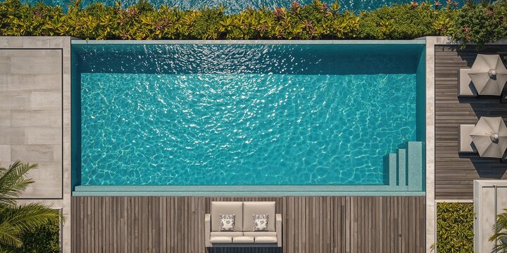 Top view of a hotel pool with a daybed, serving as a relaxing leisure area, ideal for outdoor recreation