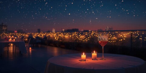 Intimate rooftop dining scene during evening, with a focus on a glass of red wine, ideal for World Wine Day