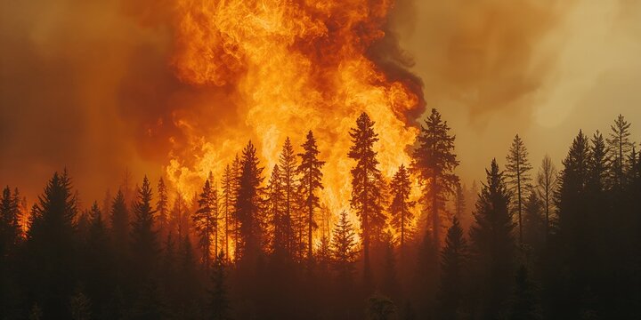 Wildfire sweeping through pine forest, highlighting natural hazard and forest resilience
