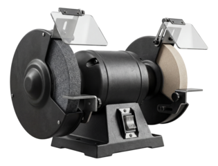 Dual-wheel bench grinder, typically found in machine shops for sharpening and shaping.