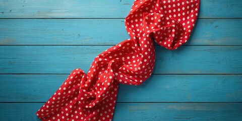 Blue wooden background with a polka dot tablecloth, used for editorial header or UI backdrop