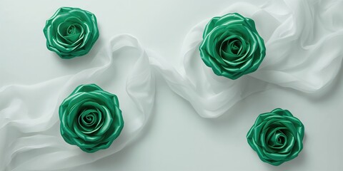 Crafted satin roses in emerald shade displayed on a white backdrop, ideal for decorative layouts