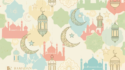 Fototapeta premium Vibrant Ramadan background with colorful mosque and lantern illustrations