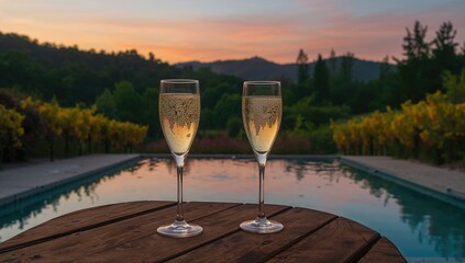 Obraz premium A pair of white wine glasses set next to a swimming pool at dusk, highlighting leisure atmosphere