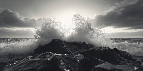 Obraz premium Sunset scene with waves hitting rocks and water spray against a cloud-filled sky, illustrating coastal erosion
