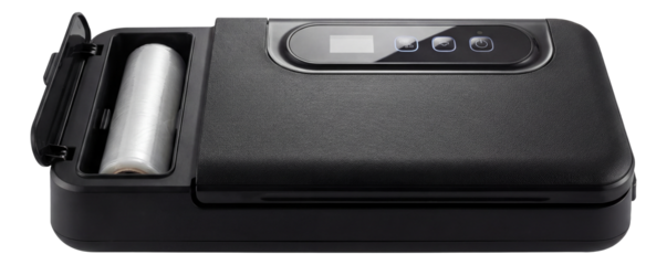 Compact semi-automatic vacuum sealer with built-in roll storage for catering use.