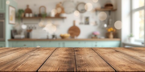 Wood table top used as a kitchen work surface with a blurred background, suitable for layout and text placement