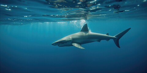 Fototapeta premium Beneath the sea surface, a pair of great white sharks swimming, ocean conservation focus