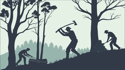 Lumberjacks Cutting Trees in Forest. Silhouettes of Woodcutters with Axes and Saws for Timber Industry and Environmental Deforestation Themes.