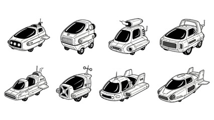Futuristic personal transport vehicles icons set including sleek flying cars and advanced pods on white background science fiction transport and future mobility concepts outline illustration