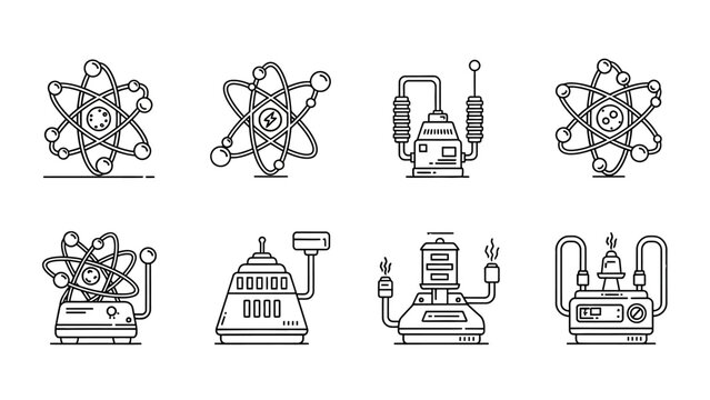 Atomic energy and futuristic power generator icons set including atomic structures and advanced machines on white background science research and energy production symbols outline illustration
