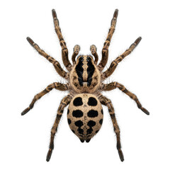 Obraz premium Close-up of a detailed tarantula spider with striking markings and hairy limbs isolated on a