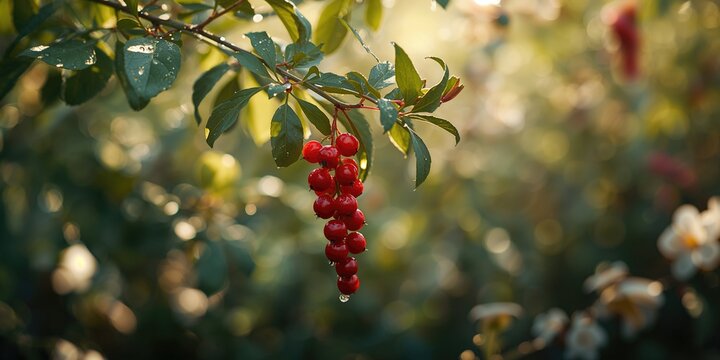 Natural setting with red berries in a wild garden, ideal for text or layout backgrounds,