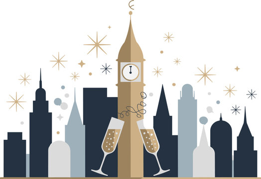 New year toast with champagne glasses and city skyline at midnight celebration