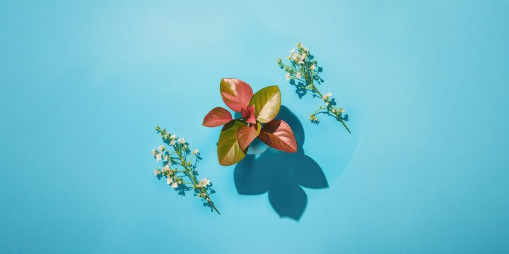Laceleaf foliage arranged on a blue surface for editorial header backgrounds, Earth Day