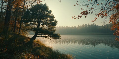 Silhouette with water reflection during sunset, designed as a background for text or UI, Earth Day