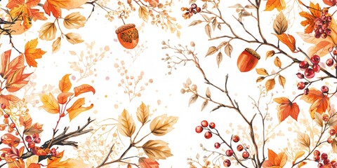 Autumn-themed watercolor pattern featuring hand drawn leaves, berries, acorns, branches, and apple tree motifs for seasonal design