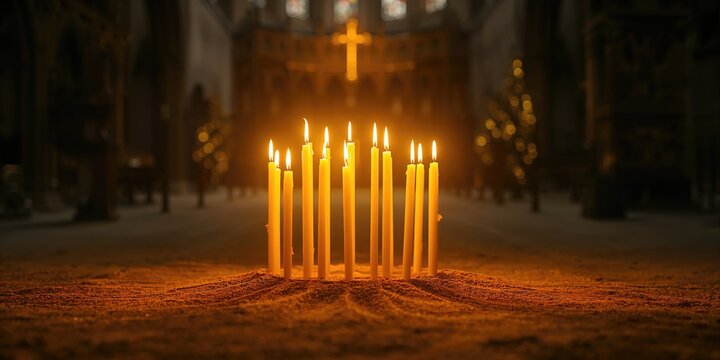 Delicate beeswax candles burning brightly in sand within a shadowy church setting, highlighting spiritual atmosphere