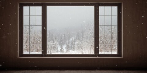 Fototapeta premium Snowstorm outside the window with falling white snowflakes, winter season, seasonal change